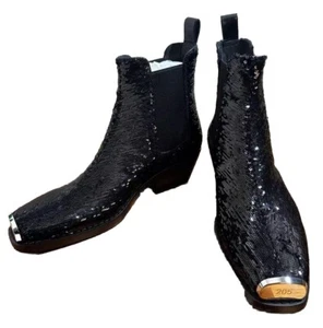 Calvin Klein Womens Boots Black 9.5 Western Claire Sequins Nappa Leather Chelsea - Picture 1 of 9