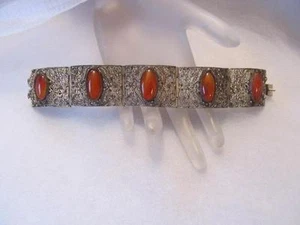 Bracciale Maglia Argento Vintage Antico Agata Cinese Filigrana Vermeil - Foto 1 di 9