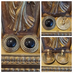 Vintage goldfarbene schwarze Stein runde Clip on edle Ohrringe reich elegant 70er 80er - Bild 1 von 4