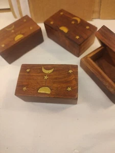 Wood Carved Box 2" x 3.5"  with Brass Inlay Stars Moon Sun Jewelry Trinket Stash - Picture 1 of 4