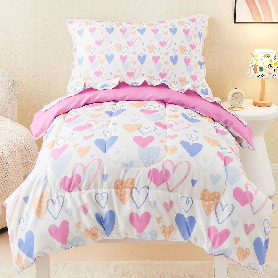 Mooreeke 4 Pieces Toddler Bedding Set - Soft Love Heart Toddler Comforter Set  - Image 1 of 4