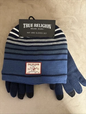 Conjunto de gorro y guantes True Religion negro/azul puño forrado de sherpa sombrero de invierno nuevo Foto 1 de 4