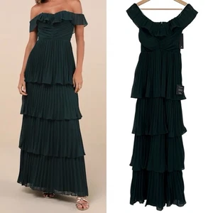 Maxi Vestido Lulus Always Notable Esmeralda Plisado Hombro Descubierto Talla XS Verde - Imagen 1 de 6