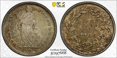 Switzerland 1966 B 1 Franc PCGS MS65 GEM UNC KM# 24 #1865 Toned  - Image 1 of 4