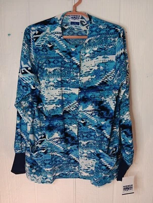 Strictly Scrubs Womens S Blue Aztec Snap front Jacket Long Sleeve Stretch NWT - Image 1 of 4