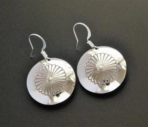 Native American Shiny Flower Sterling Silver Large Round Concho Drop Earrings - Picture 1 of 6