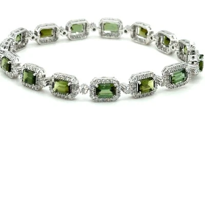 10.42 CTTW 14K White Gold Emerald Cut Green Tourmaline & Diamond Beaded Bracelet - Image 1 of 4