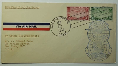 1937 First Flight San Francisco CA to Macao China Trans-Pacific Rt. SC #C22-#C21 - Image 1 of 2