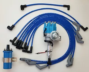 FORD 289 302 BLUE SMALL CAP HEI DISTRIBUTOR + COIL + 8.5mm USA PLUG WIRES - Picture 1 of 11