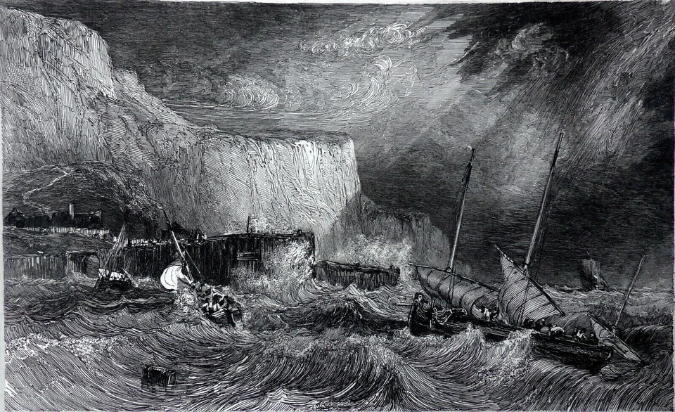 MARINE- BATEAU de PÊCHE entrant au PORT pendant une TEMPÊTE - Gravure du 19e - Photo 1/2