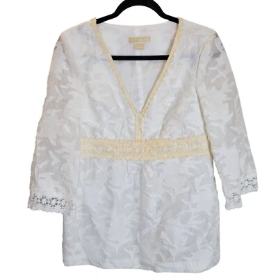 Vestido Michael Kors Feminino Tamanho 10 Branco Marfim Floral Manga 3/4 Acabamento em Renda - Imagem 1 de 4