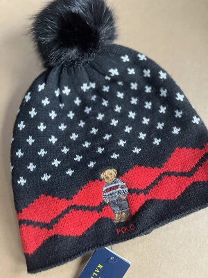 Polo Ralph Lauren Mujer Negro Rojo Polo Oso Sombrero Nuevo Foto 1 de 4