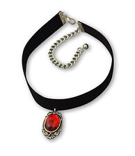 Black Velvet Choker with Red Cabochon in Silver Frame Adjustable Size CH-1024R