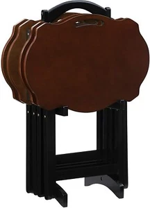 Brown Black Finish 5 pc Wooden TV Tray Set w/ Stand Folding Tables Snack Storage - Picture 1 of 9