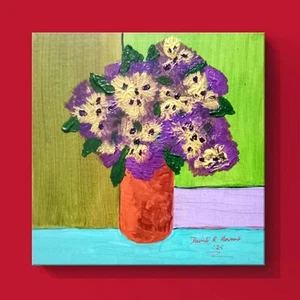 Clay Pot of Pansies Original Scottish Oil Painting David R Howard 10" X 10" - Picture 1 of 3