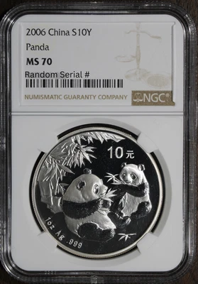 Panda chino de plata 2006 (MS70) 1 OZ 10 yuanes 10 años NGC Foto 1 de 2
