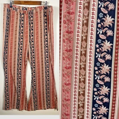 Faded Rose Leggings Pants Size 2X Wide Flare Leg Boho Gypsy Floral Stripe Retro - Image 1 of 4