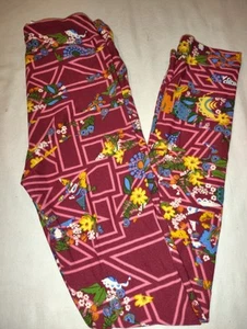 LuLaRoe Leggings Kids L/XL NWOT Red Pink Geometric with Flowers NEW OS - Picture 1 of 3