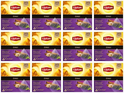 12 bolsas piramidales de seda LIPTON CHAI sabor canela té negro 20 cajas 34 g 1,2 oz Foto 1 de 4