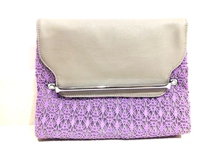 ASOS Faux Leather Grey Clutch Grab Bag In Purple Lace Lilac Floral Embroidery - Picture 1 of 4