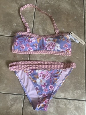 NWT Nanette Lepore 8 Printed 2 Piece Swimsuit Bikini Floral Purple Pink  - Image 1 of 4