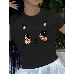 100% cotton with "Bright Cat" pattern print, women's casual collar T-shirt, - Picture 1 of 13
