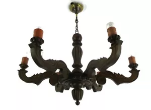 Hand Carved Wooden Chandelier Ornate 6 arm Lights Mid Century  Farmhouse Style - Picture 1 of 9