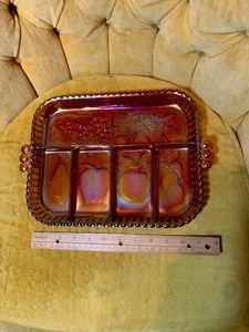 Vintage Ribbed Tray Brown Amber Tray 12 1/2” Marigold Ruffled Carnival Server Wo - Picture 1 of 12