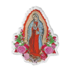 VIRGIN MARY IRON ON PATCH 3.8" Our Lady of Guadalupe Roses Embroidered Applique - Picture 1 of 2