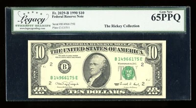 DBR 1990 $10 FRN New York Gem Fr. 2029-B Legacy 65 PPQ Serial B14966175E - Image 1 of 2