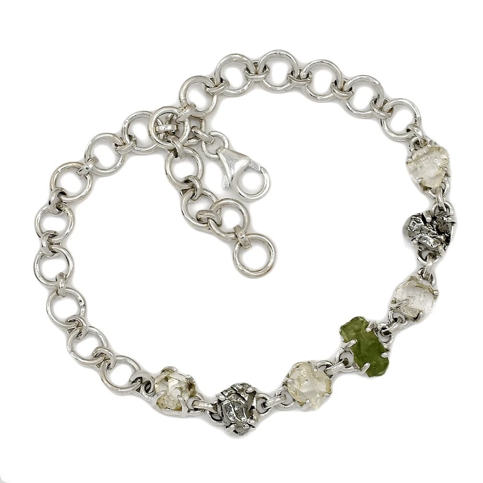Natural Genuine Czech Moldavite & Herkimer Diamond 925 Silver Bracelet SB17427 - Image 1 of 1