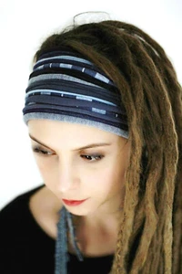 Denim Blue headband Dreadlock Accessories Dread Wrap Stripe Headband Self tie  - Picture 1 of 4