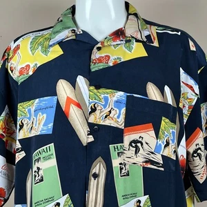 Hawaiian Mens Shirt XL Post Cards Surfing Aloha Hawaii Islands Surfboard Flower - Picture 1 of 9