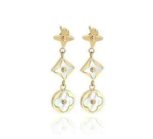 18k Gold Plated Shell Gem Flower Dangling Stud Earrings - Picture 1 of 3