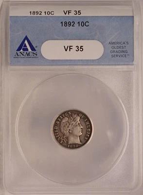 1892 Barber Dime ANACS VF35 Very Nice In Older Gen 8 Holder - Image 1 of 4