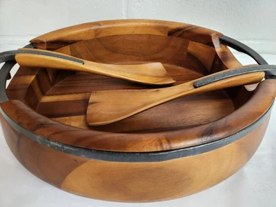 NAMBE Salad Platter Servers Acacia Wood Metal Rim 16x13x4" - Image 1 of 4