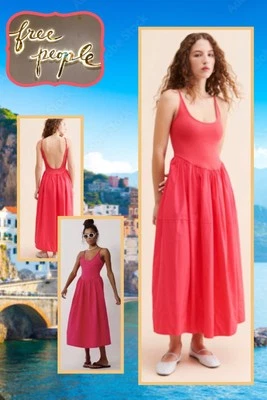 🌺¡NUEVO! Vestido Free People Dylan Midi Talla Pequeña Espalda Abierta Rosa Vestido Sol Foto 1 de 4