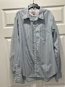 Vintage 90s Guess Jeans Sz XL USA Snap Button Up White Blue Striped Cotton - Picture 1 of 5