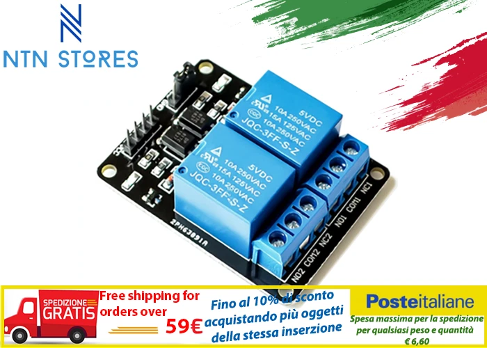 Relè relay modulo 5v 10A 2 canali optoisolato scheda arduino compatibile - Immagine 1 di 1