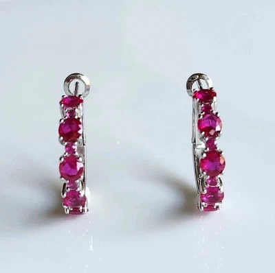 2Ct Round Cut Lab Created Pink Ruby Women's Hoop Earring 14K White Gold Plated - Image 1 of 4