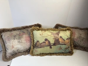 Vintage Fringed Tapestry Floral Throw Pillows Decorative Set Of 3 Cottage - Picture 1 of 10