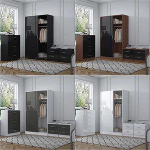 REFLECT Gloss 4pc Set - 2 Door Sliding Wardrobe + 5 Draw Chest + 2 Bedsides - Picture 1 of 41