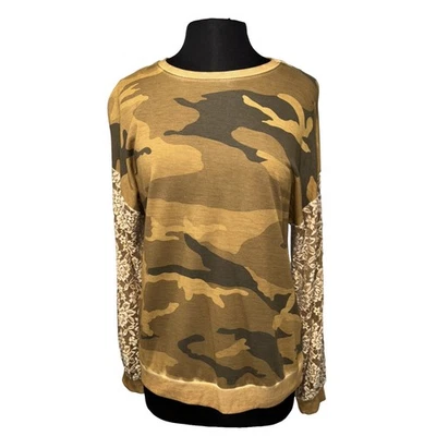 NUEVA Sudadera Estampado Camuflaje Para Mujer M Marrón Verde Cuello Redondo Encaje Manga Larga Foto 1 de 4
