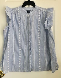 ARCHITECT 2X/3X TOP BUTTON DOWN SHORT SLEEVE STRIPE RUFFLE COTTON WHITE/BLUE 178 - Picture 1 of 7