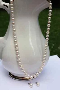 A1-50 7mm 925 Silber Süßwasser Perle Schmuck Set besonders Ohrringe Haltkette - Bild 1 von 1
