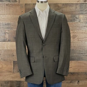 Jos A Bank Sport Coat Wool Mens 38L Brown Windowpane Blazer Suit Jacket - Picture 1 of 13