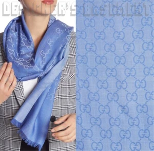 GUCCI wool silk 2-tone light blue & periwinkle GG scarf PASHMINA 18x70" NWT Auth - Picture 1 of 9