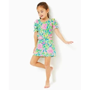 Lilly Pulitzer S 4-5 Mini Adley Dress Girls Grove Garden Pink Green Blue Romper - Picture 1 of 3