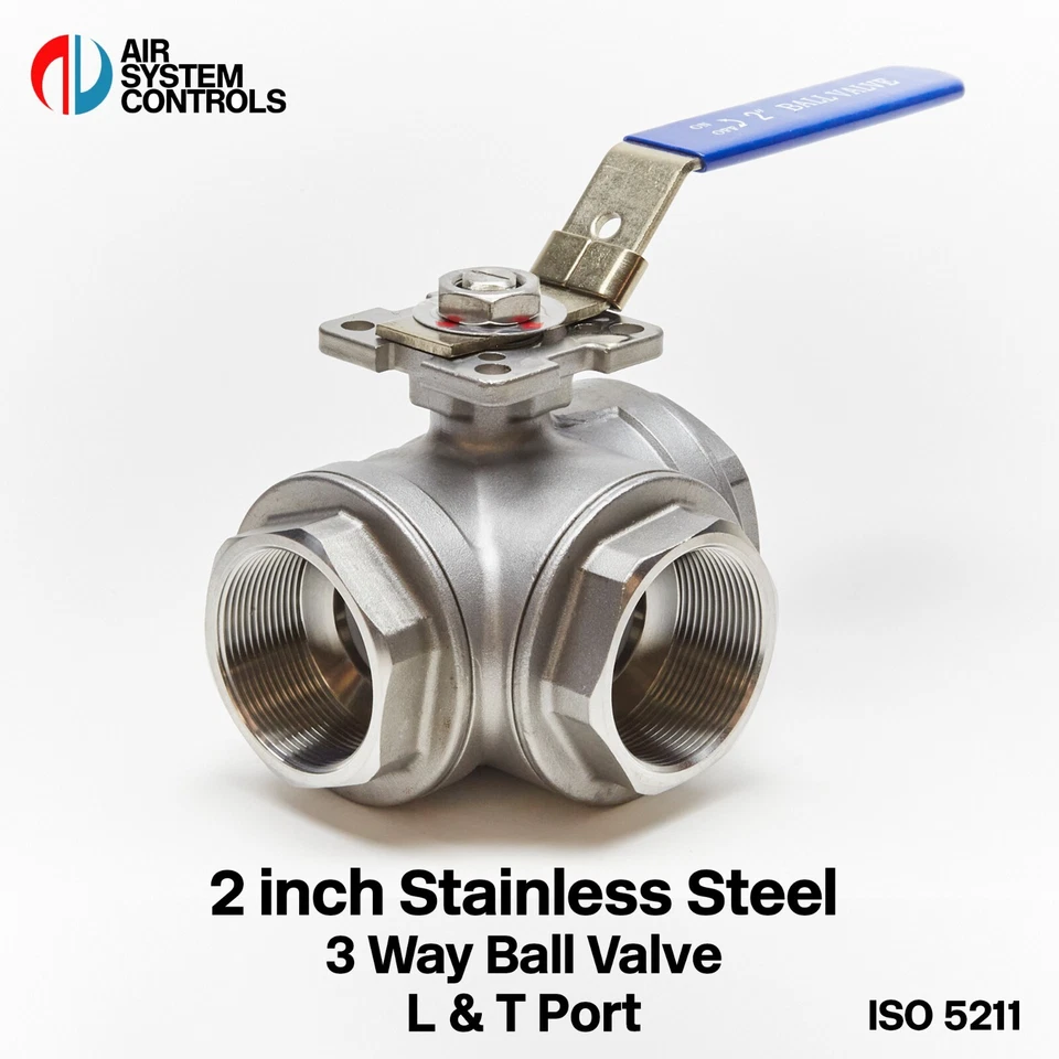 2 Inch - Stainless Steel - 3 Way - Lever Ball Valve - BSPT Female - L and T Port - Image 1 of 4