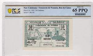 New Caledonia 1943 50 Centimes PCGS Certified Banknote UNC 65 PPQ Pick 54 - Picture 1 of 2